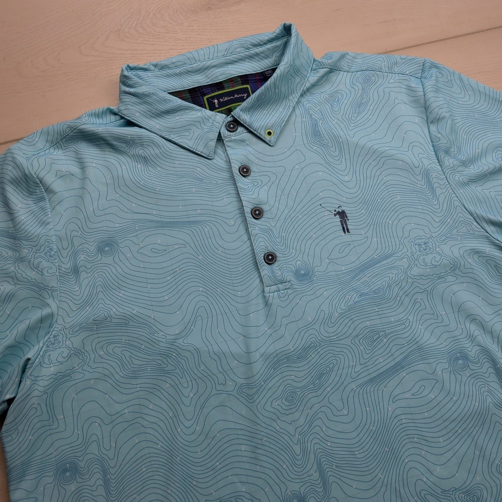 William Murray Reading Greens Polo Shirt Golf Mens L Blue Topographic Print